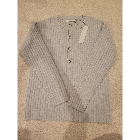 NWT One Grey Day 100% Cashmere Ribbed Henley Sweater Gray Women Small Long Sleev - Picture 1 of 7